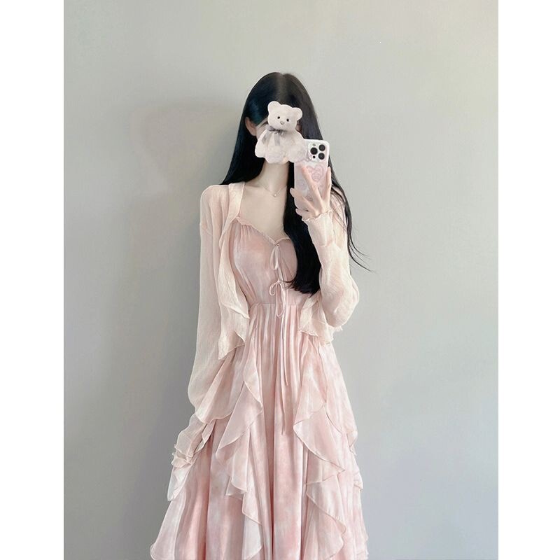 Long Dress with Gentle Style, Fairy-Like Straps, Sweet and Elegant Vibe, Two-Piece Set with Shawl, Vacation Style Long Dress with Gentle Style, Fairy-Like Straps, Sweet and Elegant Vibe, Two-Piece Set with Shawl, Vacation Style