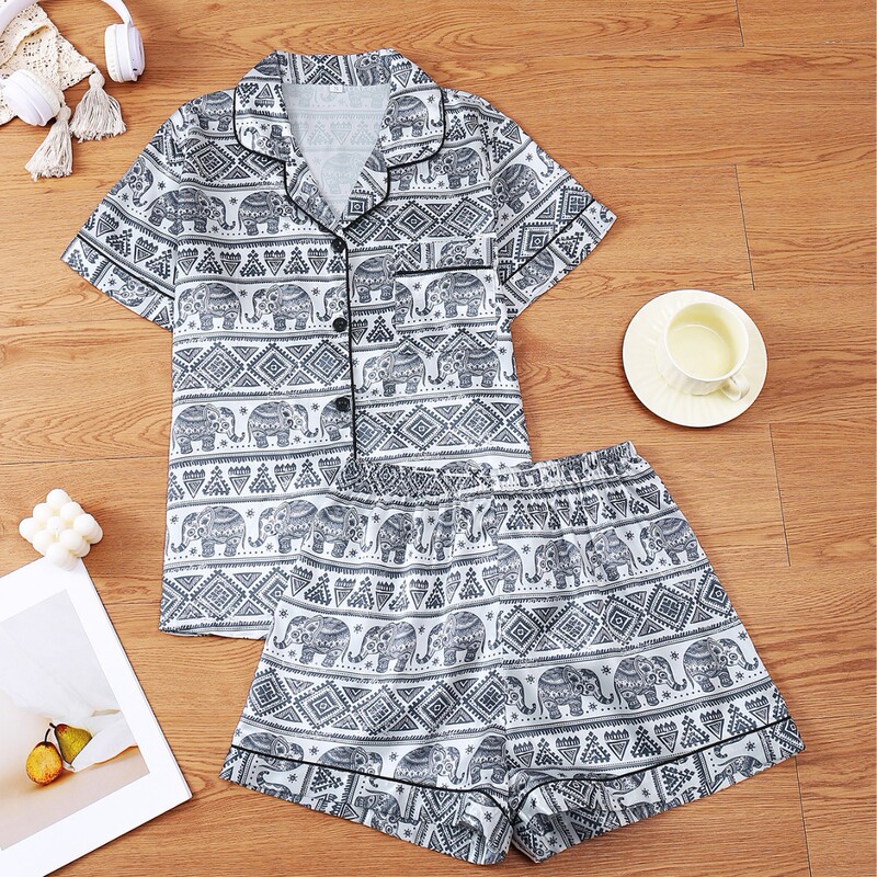 European and American Foreign Trade Bohemian Style Elephant Print Women's Loungewear Two-Piece Set Summer Short-Sleeve Shorts Skin-Friendly and Breathable European and American Foreign Trade Bohemian Style Elephant Print Women's Loungewear Two-Piece Set Summer Short-Sleeve Shorts Skin-Friendly and Breathable