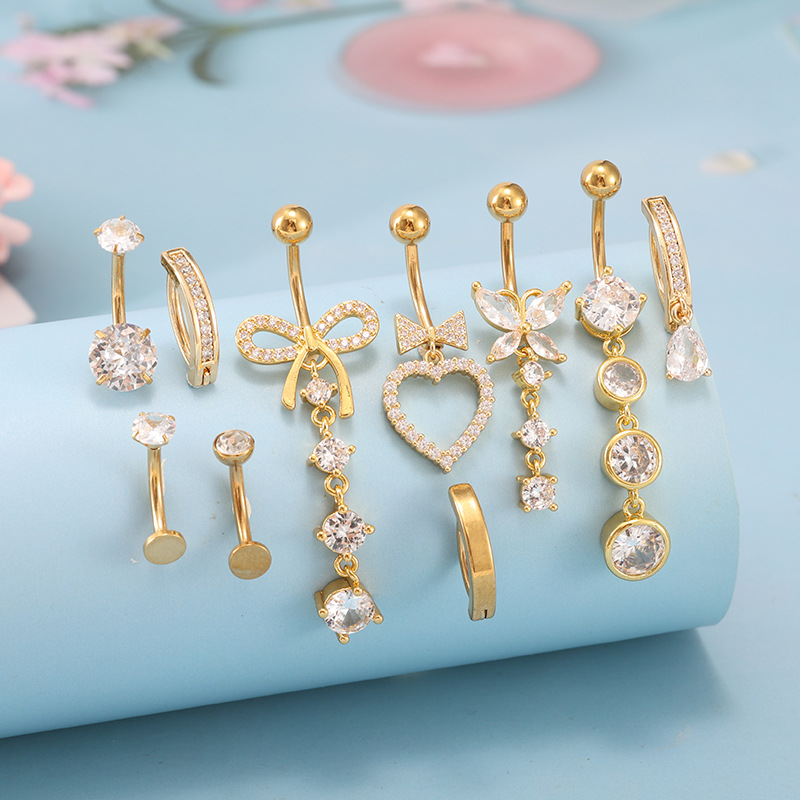 Hot Selling New 10Pc Stainless Steel Zircon Navel Rings Butterfly Heart Belly Button Piercing Set detail image 7
