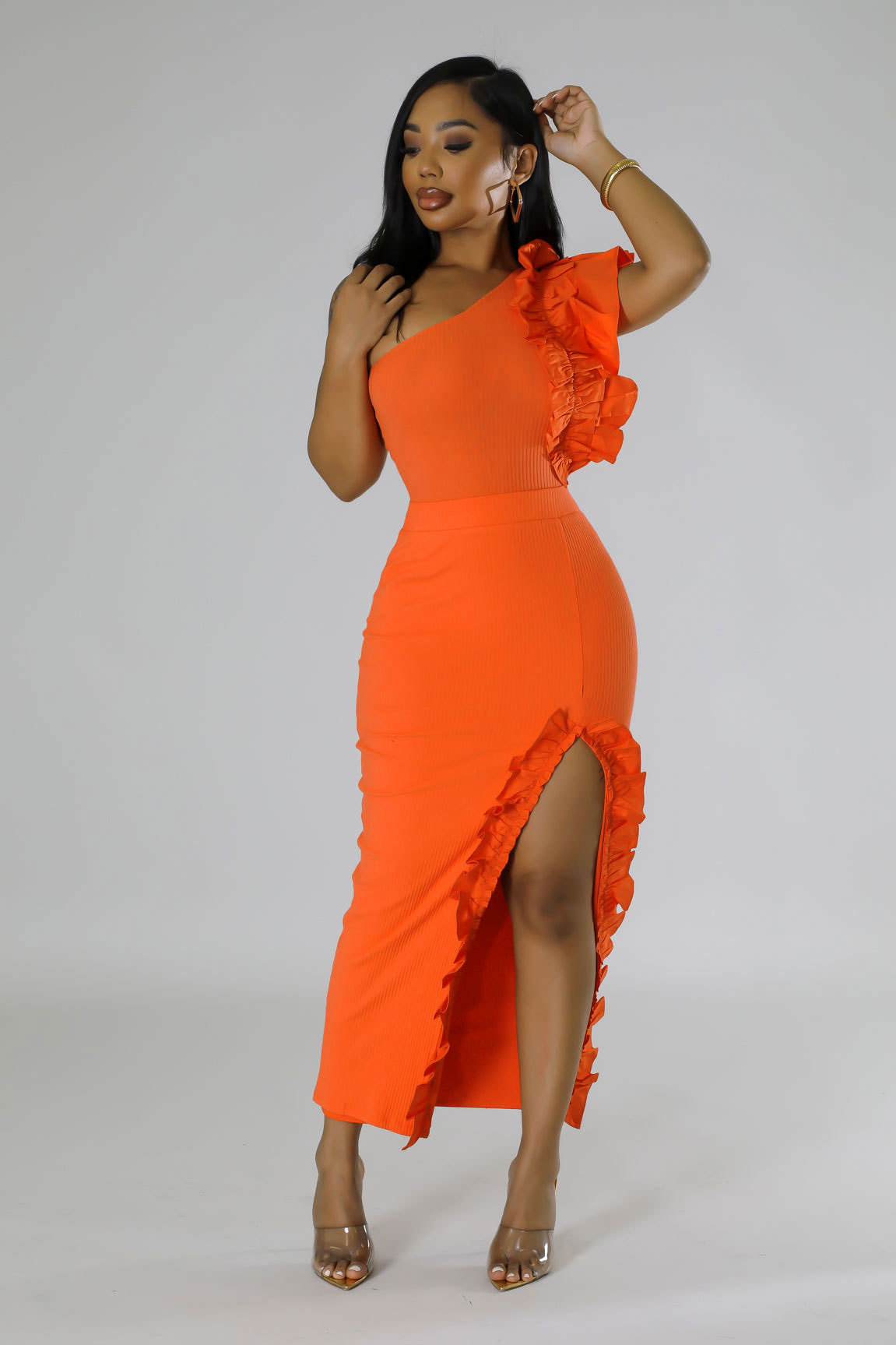 362g Weight Sleeveless Sleeve Length Polyester Fabric Type Skirt Co-ord Set Sets Type 2 Pieces Set Quantity Holiday Occasion One Shoulder Neckline Slim Fit Type Solid Color Pattern Summer Season Women's Gender Frill Design Elegant Style Holiday Women's Elegant Solid Color Polyester Frill Skirt Co-ord Set Skirt Sets 32