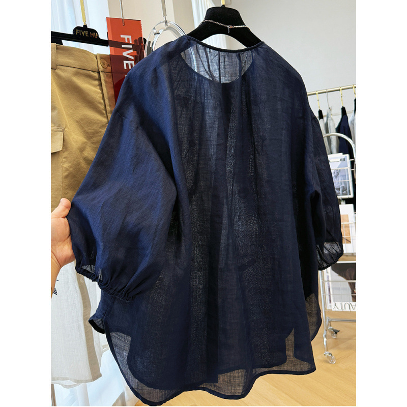 韓国重工業刺繍ハイエンド無地七分袖ラウンドネックシャツ女性用夏気質薄手トップス女性用|undefined