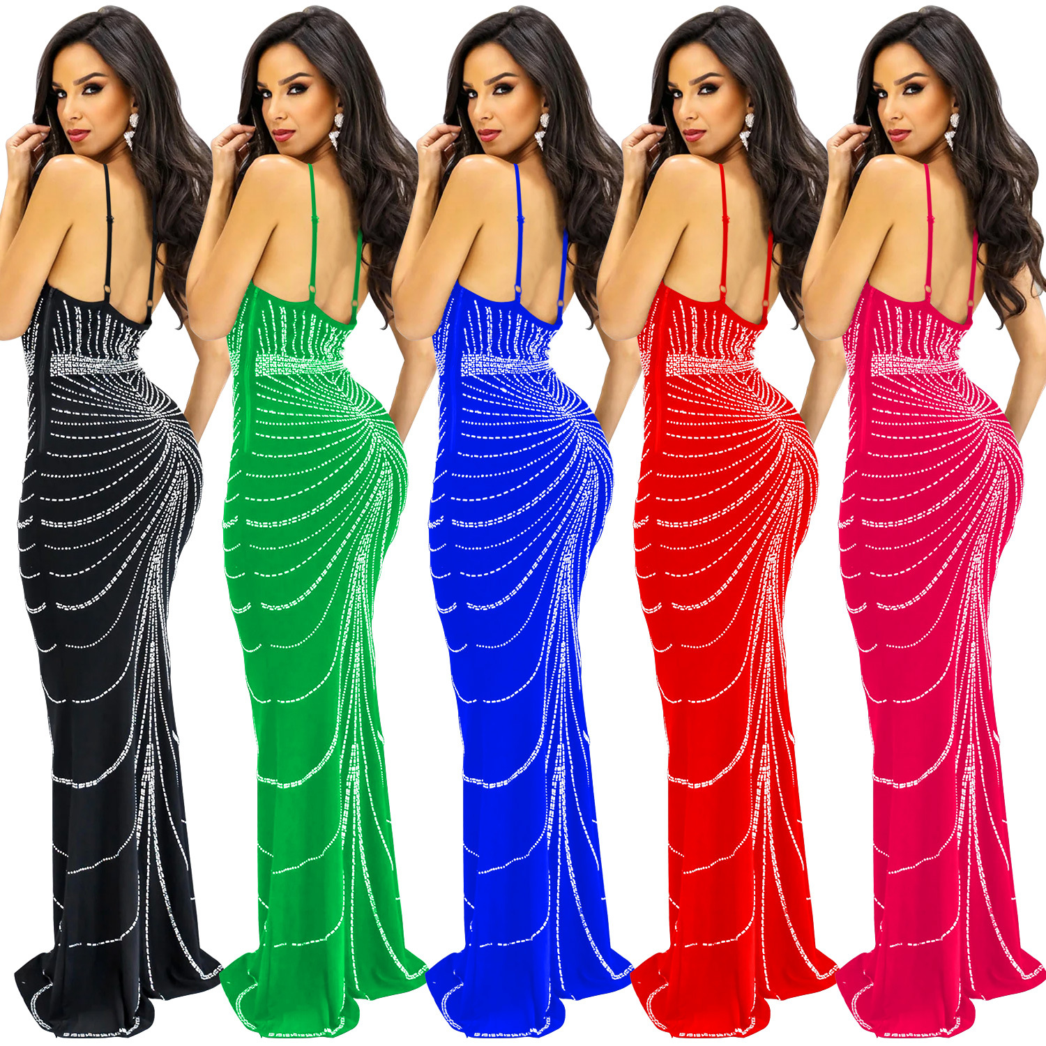 C6388 AliExpress Amazon moda europea y americana de las mujeres color sólido sin mangas la correa rhinestone backless vestido image 6