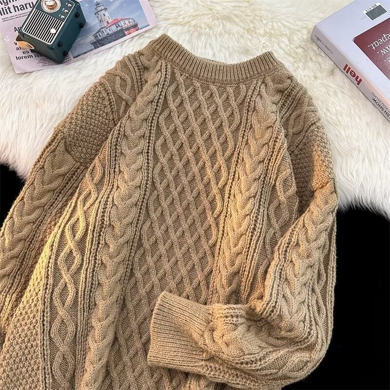 Autumn and Winter Sweaters for Men and Women, Couples, Round Neck, Thick Hemp Flower, Japanese Style Style, Young Students' Knitted Bottoming Shirts, Versatile Large Size Sweaters