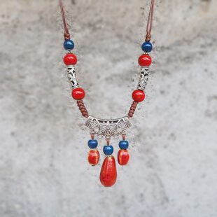 Bohemian long ceramic necklace forehead ornament eyebrow pendant decoration photo necklace women's retro suit ceramic jewelry