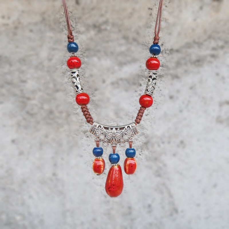 Bohemian Long Ceramic Necklace Headset Eyebrow Pendant Decorative Photo Necklace Women's Vintage suit Ceramic Jewelry