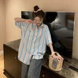 baby蓝白条纹短袖衬衫女夏复古宽松显瘦上衣图片色
