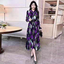 欧美风2024早秋新款女装翻领长袖印紫花朵单排扣系带气质名媛长裙