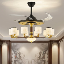 新中式客厅风扇灯全铜实木客厅吊扇一体灯中国风静音隐形扇叶灯具