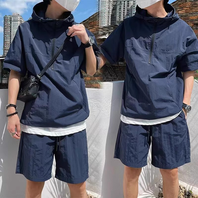 Summer Ice Silk Shirt Couple's Trendy Brand Loose Casual Draped Short-sleeved Short Pants Set with Trendy suit