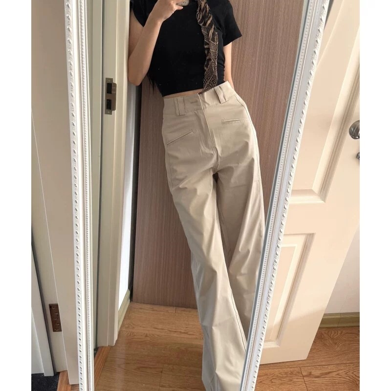 American-Style Straight-Leg Wide-Leg Khaki Work Pants for Women, Summer 2026, High-Waisted, Slimming, Casual Suit Pants, Beige and Black American-Style Straight-Leg Wide-Leg Khaki Work Pants for Women, Summer 2026, High-Waisted, Slimming, Casual Suit Pants, Beige and Black