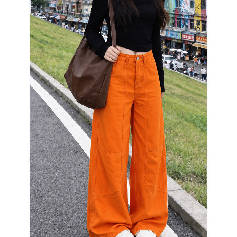 American retro orange wide-leg pants for women, high-waisted, slimming, floor-length denim pants, new summer straight-leg workwear pants