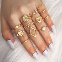 跨境时尚热销戒指 个性小圆点亮片微镶钻月牙菱形组合12件套批发