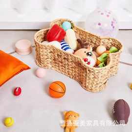 跨境草编狗骨头收纳篮宠物玩具零食储物筐多功能杂物整理篮脏衣篓