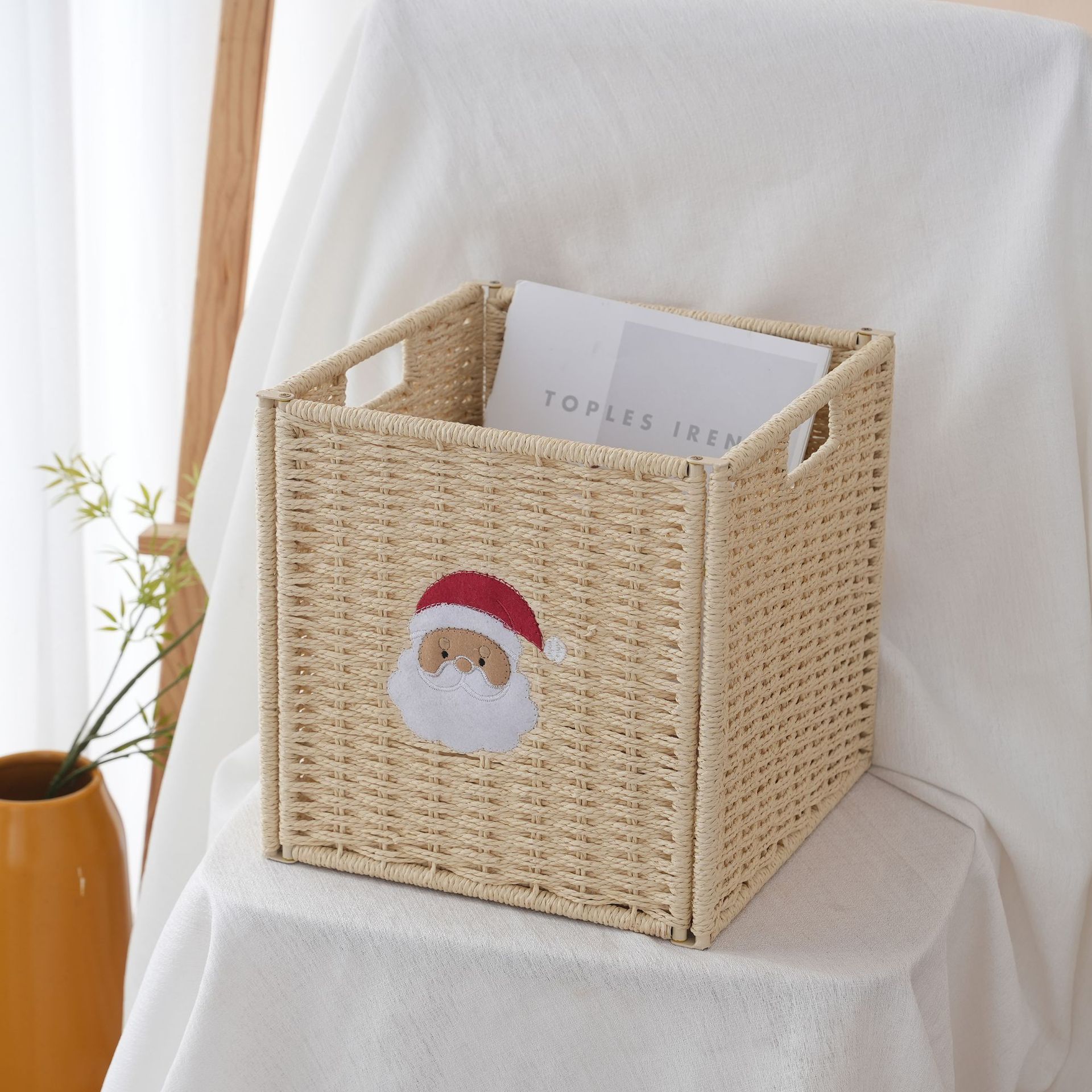 跨境圣诞卧室宿舍衣柜大容量收纳筐草编布艺蓝书本零食玩具杂物箱