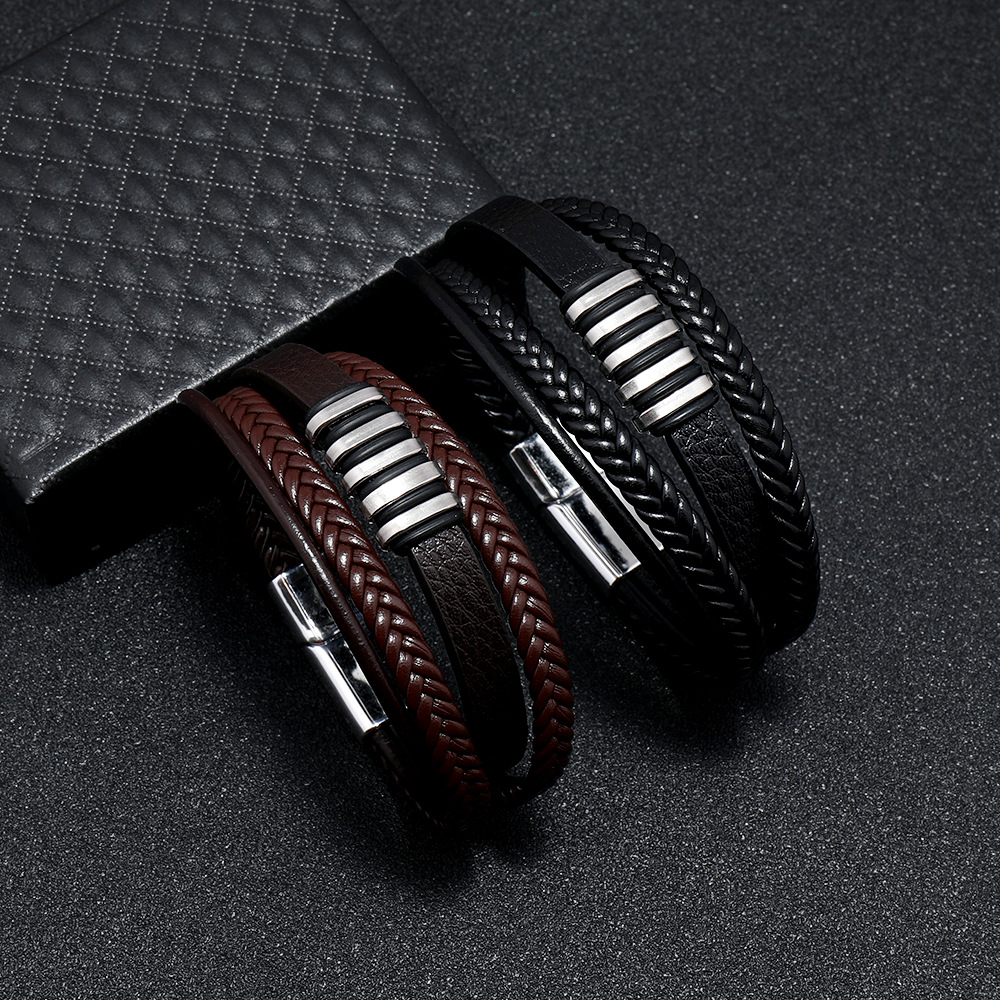 Cross-border simple fashion fashion men's leather bracelet bracelet PU leather oil edge alloy stainless steel magnetic buckle woven leather rope