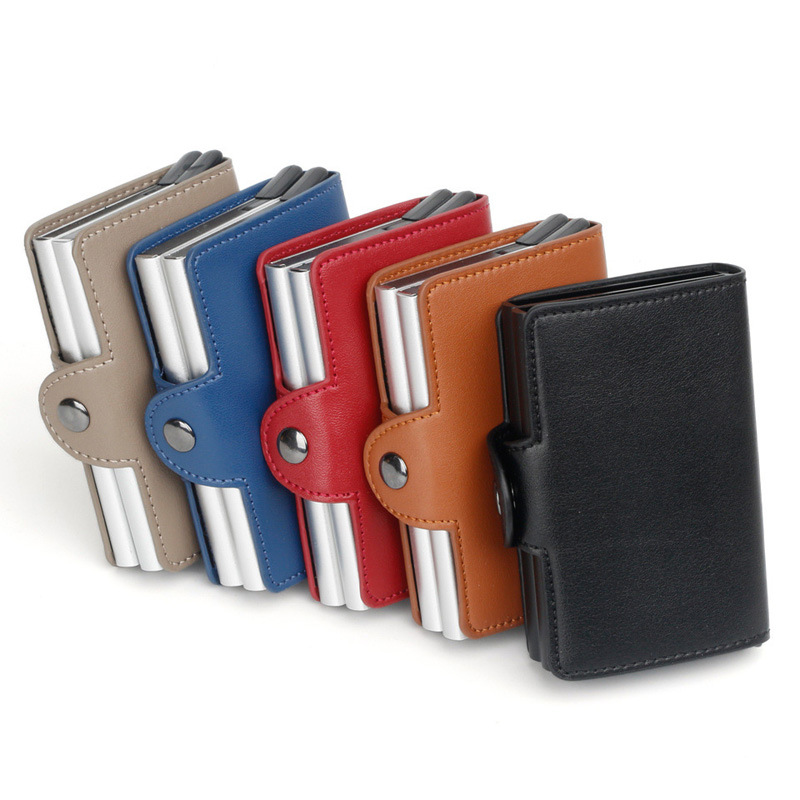 Comercio exterior transfronterizo RFID titular de la tarjeta de metal de aluminio de doble capa PU caja de tarjeta cardwallet anti-desgaussing láser LOGO