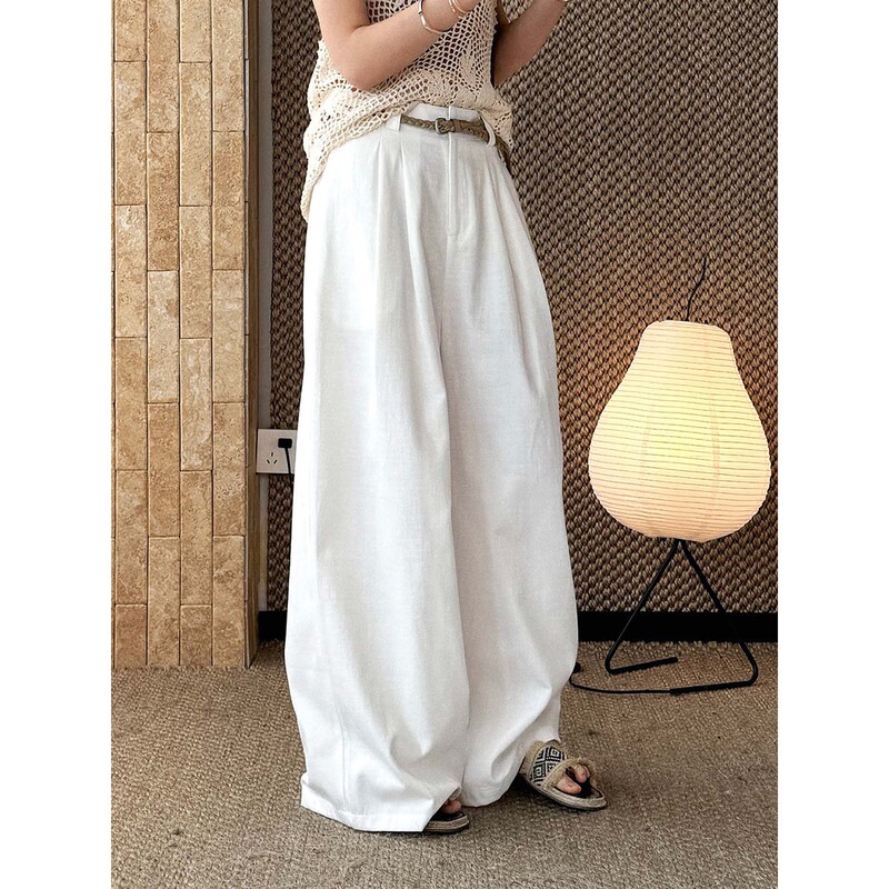 Louvre's New Spring and Summer Korean-Style Retro Old Money Style Cotton and Linen Casual Pants with Woven Belt, Loose-Fitting Long Pants for Women Louvre's New Spring and Summer Korean-Style Retro Old Money Style Cotton and Linen Casual Pants with Woven Belt, Loose-Fitting Long Pants for Women