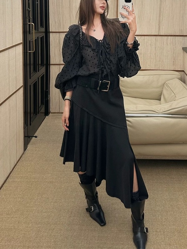 NanaByNana【浪漫波卡尔】黑色荷叶边雪纺衬衫女夏波点泡泡袖上衣|undefined