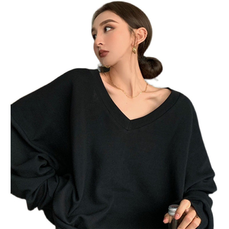 De gran tamaño más el tamaño de cuello en V de manga larga Camiseta de las mujeres de otoño e invierno de color sólido delgada camisa suelta de fondo de comercio exterior de media longitud superior image 6
