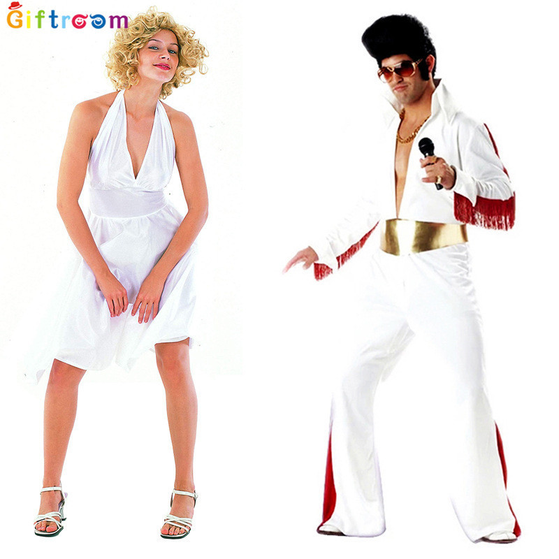Halloween costume outfit featuring Marilyn Monroe dress, large waves wig, Elvis Presley-style one-piece clothing for imitation performance.