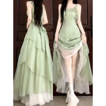 法式度假风收腰裙2025夏季高级感不规则荷叶边下摆连衣裙撞色长裙