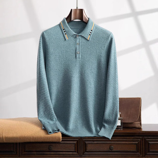 Business Casual Autumn and Winter New Men's POLO Collar Contrast Cashmere Sweater Long Sleeve Loose Pullover Simple Buckle Sweater