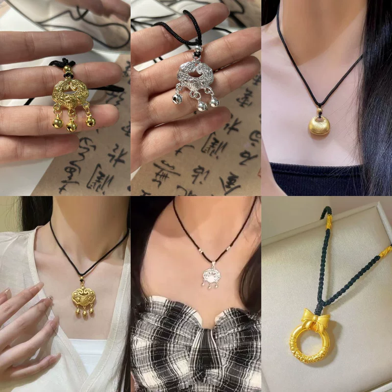 Protective amulet, woven necklace handmade, small bell, pendant, longevity lock
