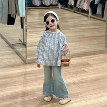 女童秋装蕾丝花边立领蓝色碎花衬衣娃娃衫+磨白牛仔喇叭裤分开拍