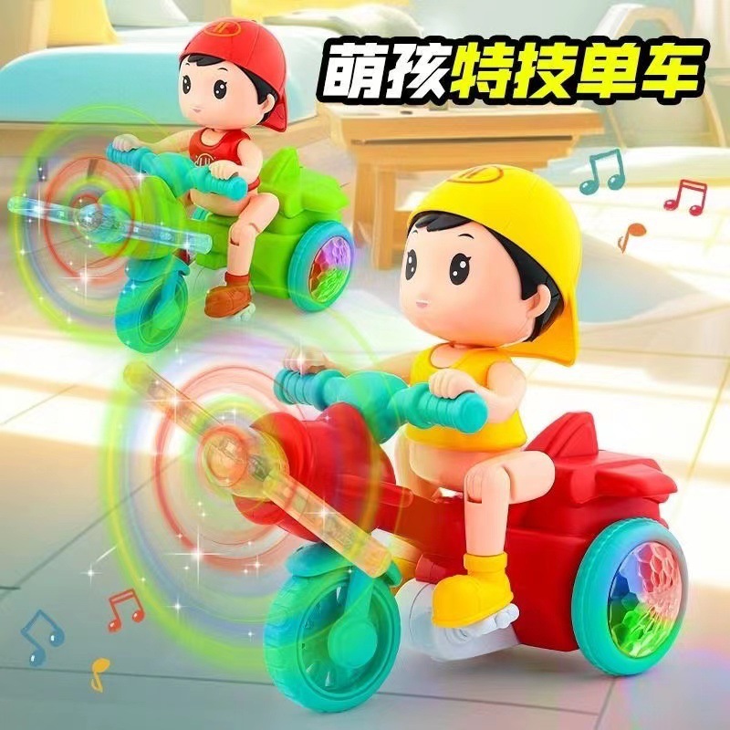 Popular TikTok electric stunt cartoon boy tricycle with rotating lights and music - wholesale at street stalls