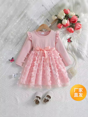 Independent Station Autumn and Winter Girls Three-dimensional Butterfly Sweet Mesh Belt Long-sleeved Dress