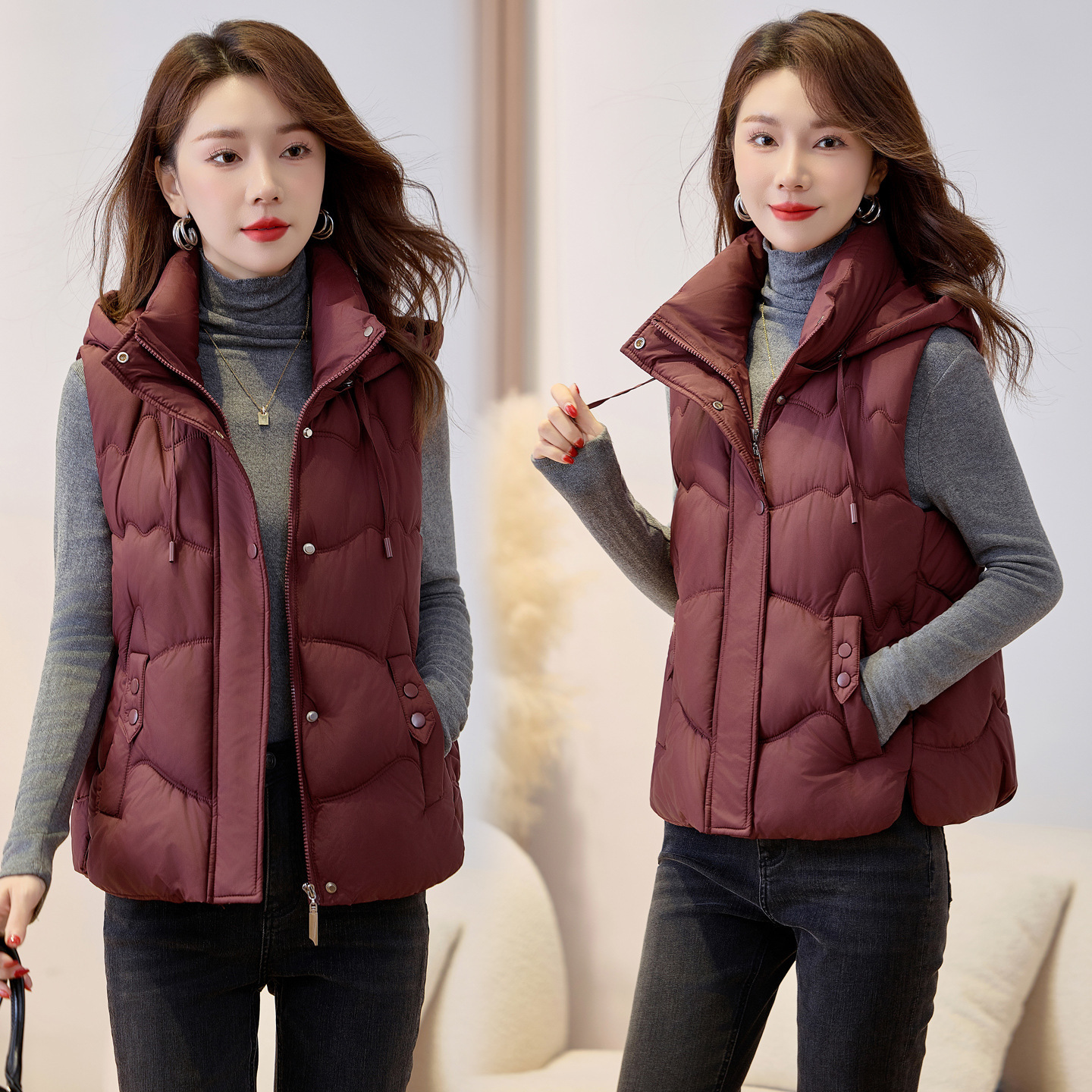 2025 otoño y invierno corto estilo coreano de moda nicho de diseño relajado sensación de collar grueso chaleco cálido abrigo de algodón image 11