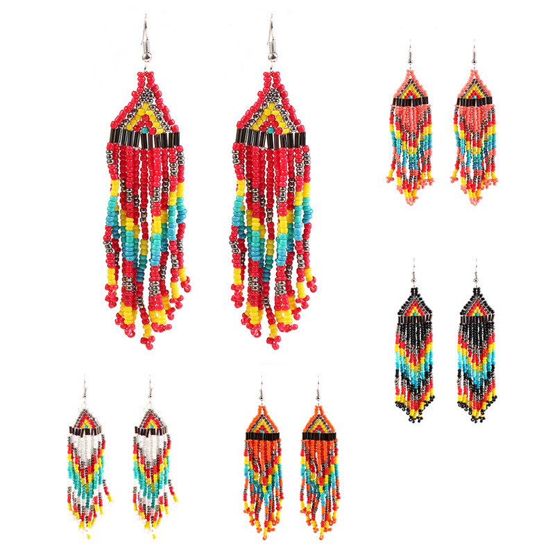 fashion multi-layer rice bead long tassel earrings