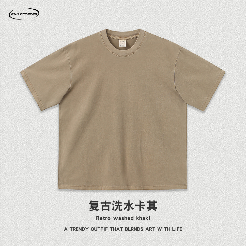 Comercio exterior pesado 260g flor frita apenado color sólido de manga corta Camiseta hombres y mujeres sueltos lavados camiseta de marca de moda estadounidense transfronteriza