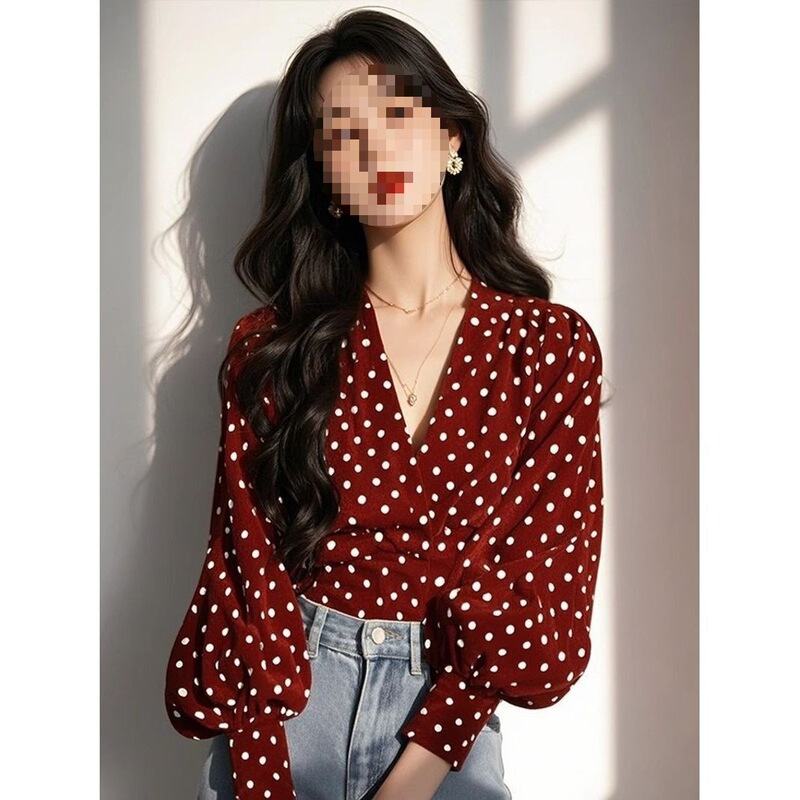 Polka Dot French 2025 New Niche Design Chic New Year Neck Flower Elegant Long-Sleeved Shirt Shirt Top Red