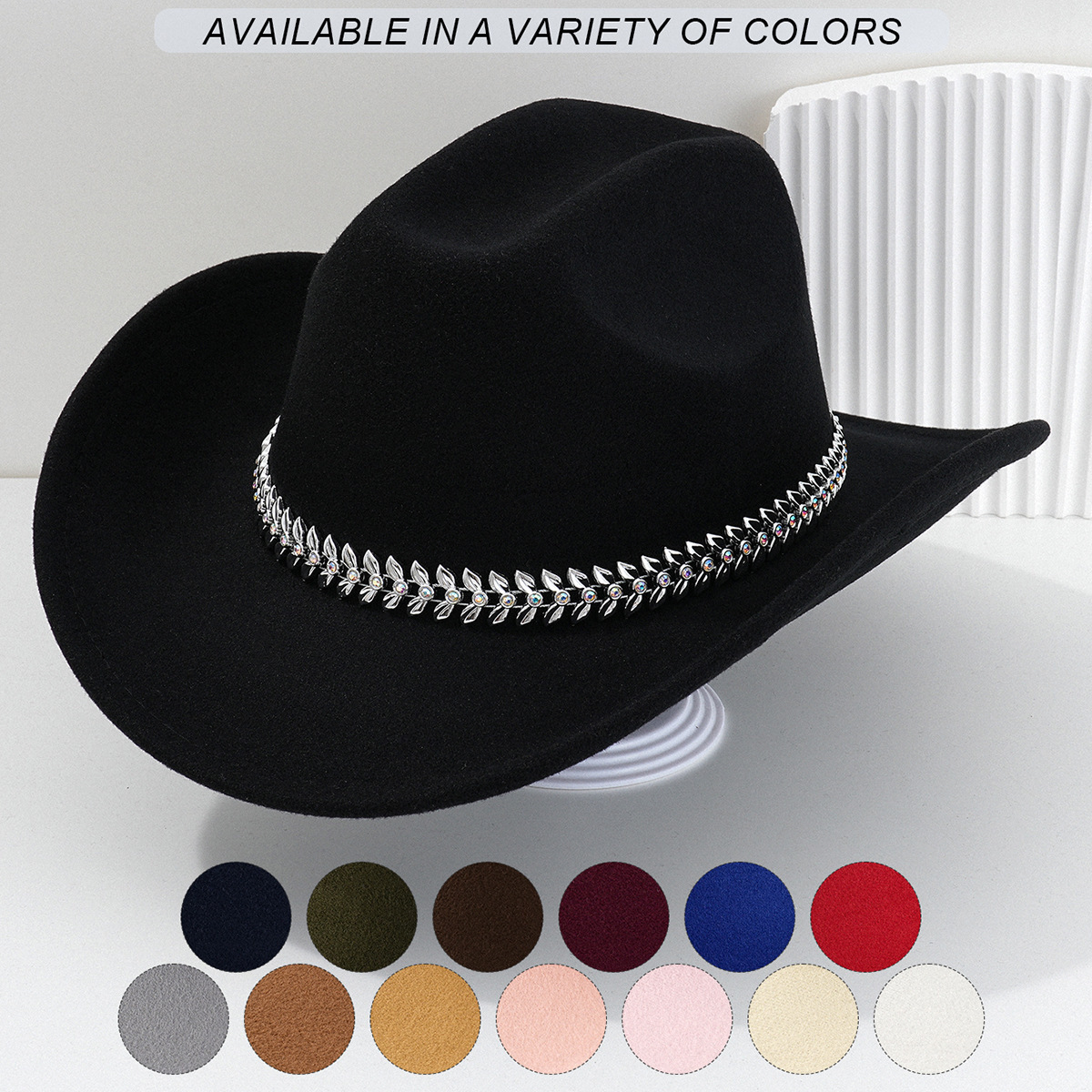 Panama French Cowboy Hat 3D Leaf Rhinestone Belt Accessory For Bonfire Parties Men And Women Top Hat_voghion.com