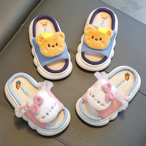 Spring and autumn children's linen slippers for all seasons indoor non-slip thick-soled breathable parent-child home baby floor cotton and linen slippers
