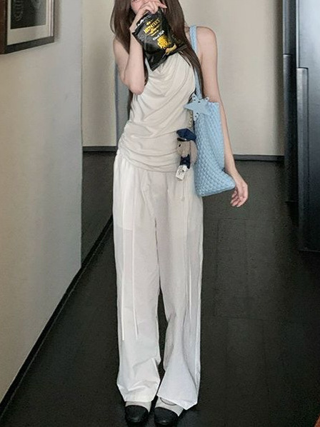 ササウイ クク キング カフス レースアップ カジュアル パンツ ホワイト パンツ レディース 夏 薄手 パンツ フロアレングス パンツ|undefined