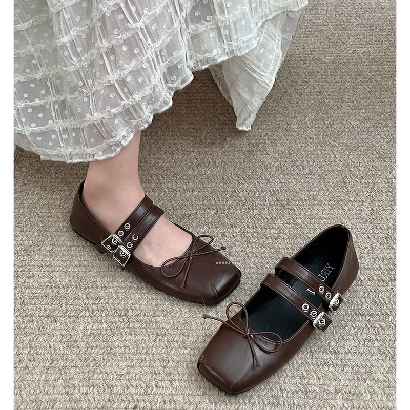 Brown autumn retro Mary Jane shoes square toe flat low-cut