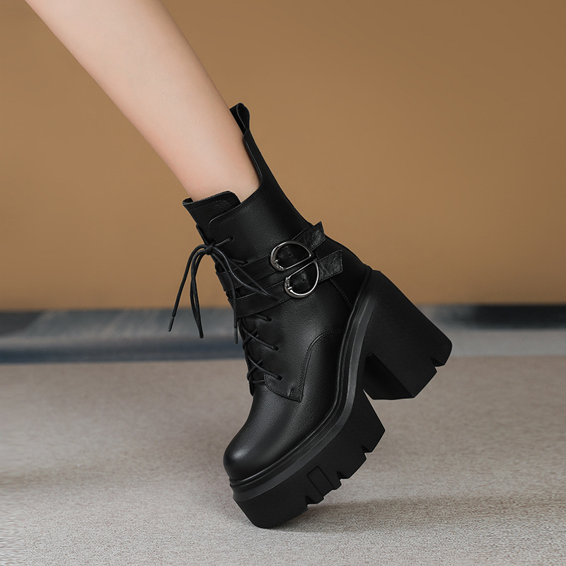 Boot nữ cổ thấp da thật phong cách Anh quốc, gót vuông 12 cm, khóa dây kéo — Lót nhung đen