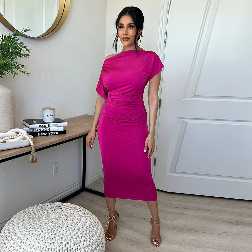Women Clothing Popular Solid Color Pleated Slim-Fit Oblique Shoulder Dress 27 Women Clothing Popular Solid Color Pleated Slim-Fit Oblique Shoulder Dress