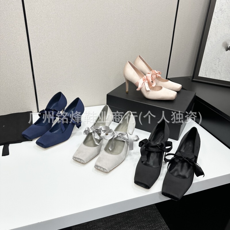 2026 Early Spring New Style Square-Toe Silk Stiletto High-Heeled Mary Jane Shoes French-Style Slip-On Shallow Bowknot Single Shoes