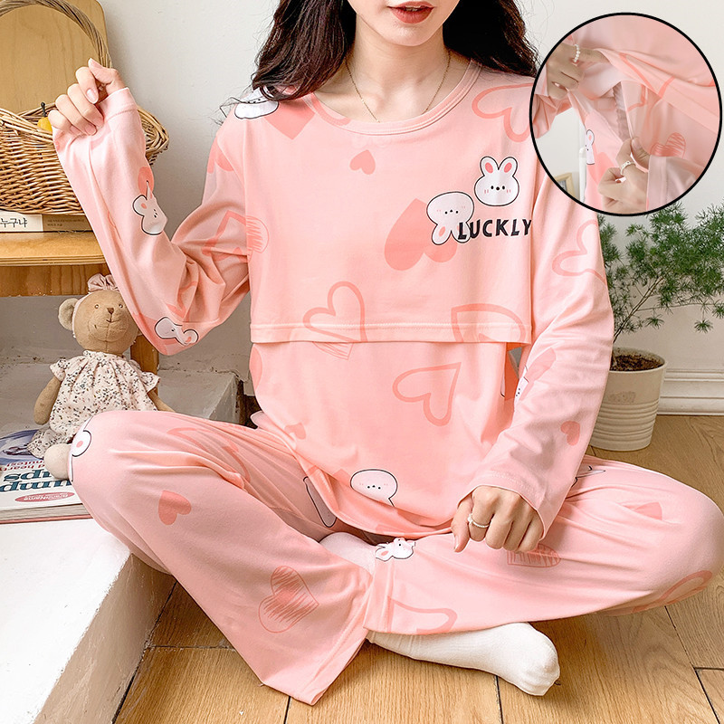 Spring and Autumn Long-Sleeved Confinement Clothes That Can Be Breast-Fed and Comfortable Women's Pajamas Loose Round Neck Mid-Length Sleeves Cute Printed Home Clothes Spring and Autumn Long-Sleeved Confinement Clothes That Can Be Breast-Fed and Comfortable Women's Pajamas Loose Round Neck Mid-Length Sleeves Cute Printed Home Clothes