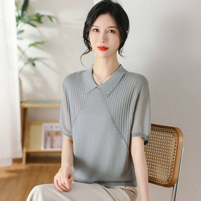 Мама летняя футболка из ледяного шелка среднего возраста женская одежда с короткими рукавами темпераментный топ с отворотами