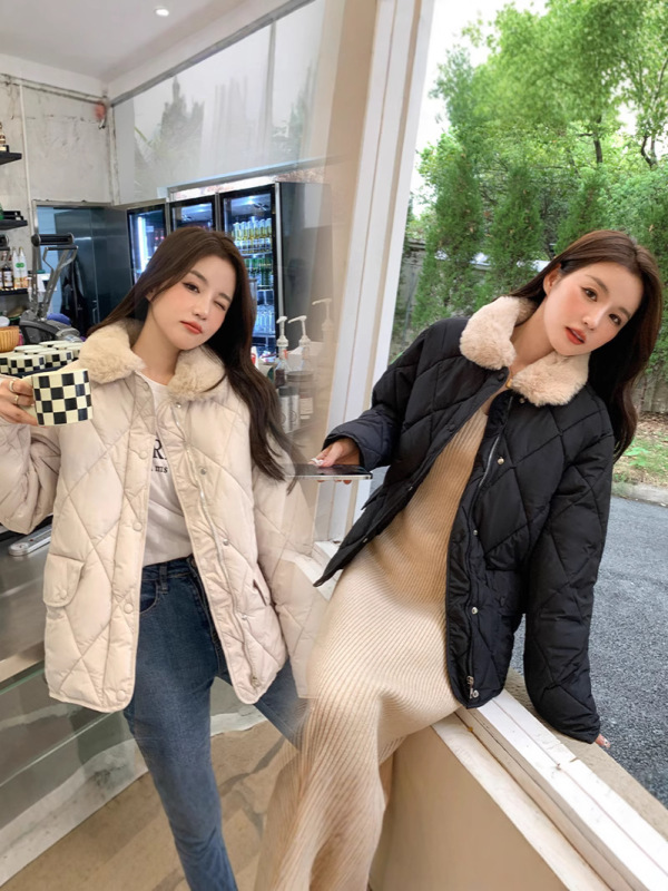 2025羊羔毛领棉衣女轻薄菱格棉服女秋冬新款韩版拼接休闲棉袄外套|undefined