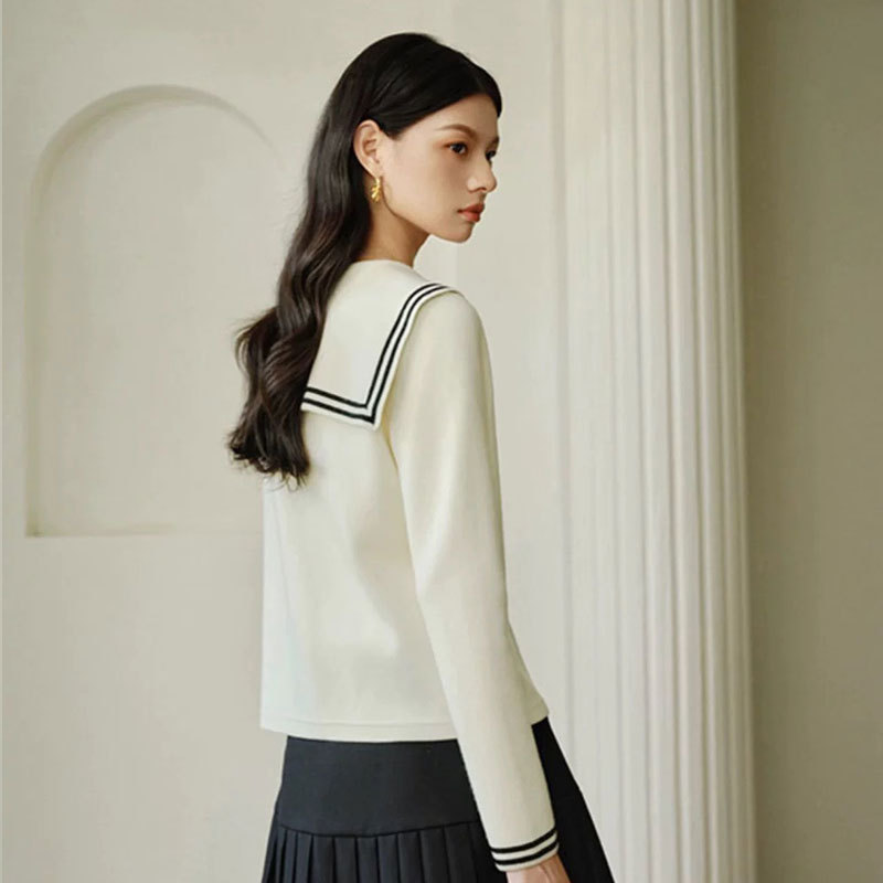 Nanyou Haute Couture m Home New Navy Collar Metal Button Knitted Cardigan College Style Age-Reducing Long Sleeve Top for Women