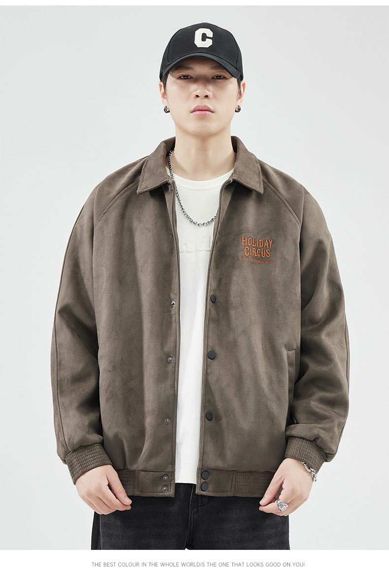Veste de baseball à revers en fourrure de cerf vert gris pour hommes, ample, tendance automne et hiver, 380 g, américaine_voghion.com
