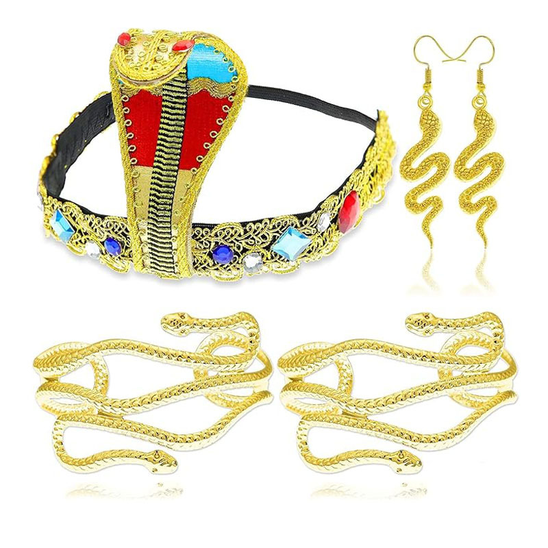 Halloween Cleopatra Diamond Headdress Golden Gemstone Snake Head Headdress Snake Arm Ring Snake Earrings Party Set
