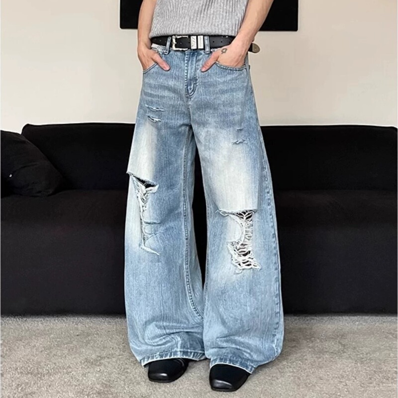 Korean Fashion Wide-Leg Bamboo Pattern Ripped Jeans for Men, Trendy Brand with a High-End Feel, High Street Style Pants, Cleanfit