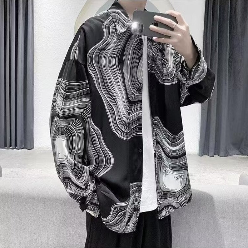 Spring Abstract Pattern Design Shirt for Men Korean Style Loose Casual Hairstylist Handsome Long-Sleeved Printed Shirt Trendy