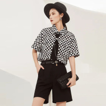 一手货源【佳人苑】品牌专柜撤柜！钉钻！领带格纹短袖衬衫女25夏